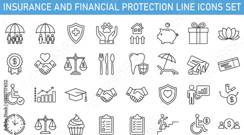 Insurance and financial protection line icons set, health life investment security vector illustration isolated on white background