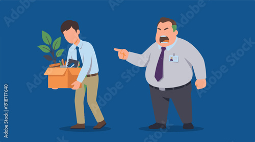 Angry boss fires employee, symbolizing job loss and workplace dismissal