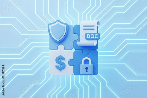 3D fintech illustration representing IRS tax compliance and refund security with shield, document, dollar and lock icon.