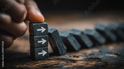 Human finger halts a chain reaction of falling blocks marked with upward direction symbols
