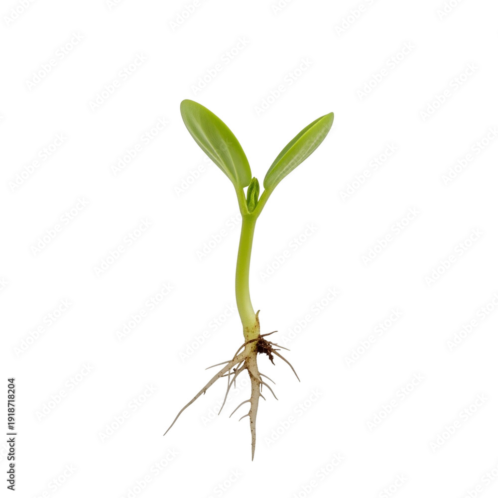 Obraz premium A vibrant seedling with visible roots and two leaves on transparent background