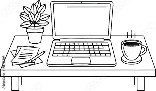 Desk with laptop, plant, papers and coffee cup outlined on transparent background, workspace