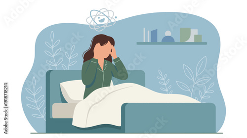 Woman suffering from headache or stress in bed, mental discomfort concept