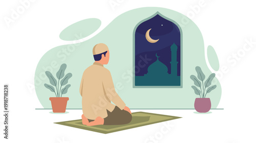 Devout Muslim man kneeling on prayer mat at home, night prayer concept