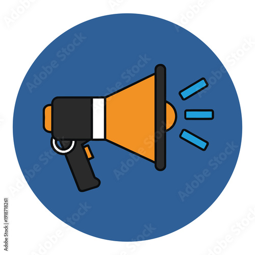 Megaphone loudspeaker icon with blue circle background and sound waves icon