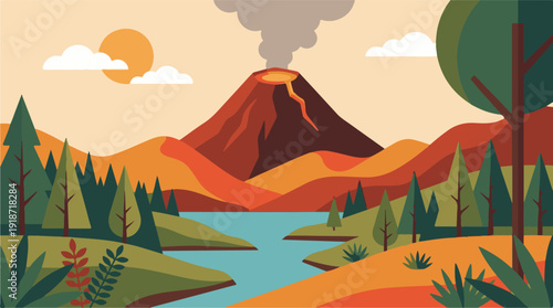 Vibrant Minimalist Landscape with Erupting Volcano and River