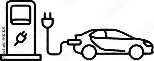 Electric car charging station and vehicle icon outlined on transparent background, eco transport