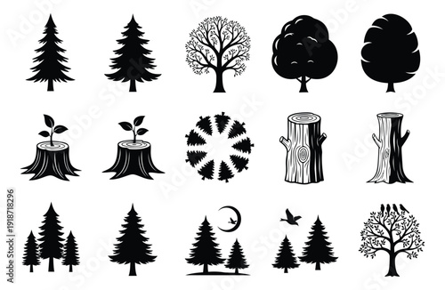 Graphic nature icon set featuring various trees, stumps, and saplings for environmental concepts