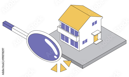 マイホームの査定や中古住宅調査の一戸建ての建物点検と住宅診断のアイソメトリックイラスト