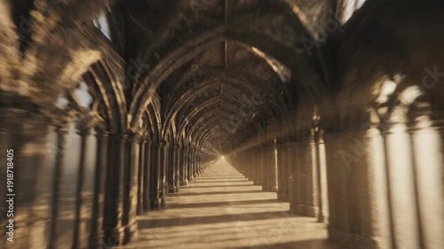 Rapid hyperlapse forward movement zooming quickly through a long sequence of massive, repeating, geometrically perfect medieval archway tunnel structures historical, future, fast