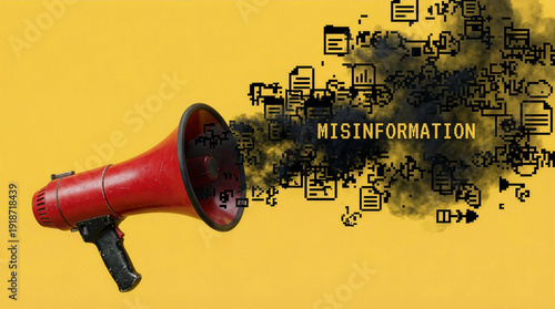 A red megaphone spreading misinformation and black smoke with digital pixelated icons against a yellow background