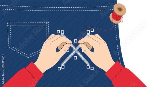Hands repairing blue denim jeans with traditional Japanese sashiko embroidery stitching and red thread spool for sustainable fashion and textile upcycling concept.