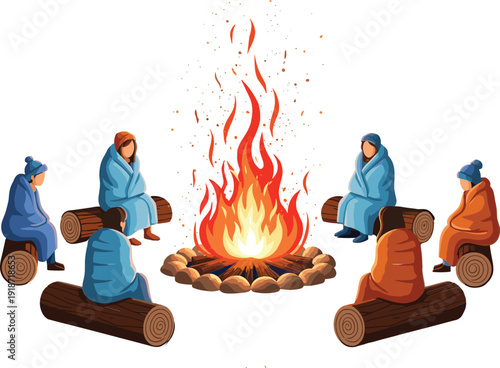 People wrapped in blankets sitting on logs around a large campfire with sparks under the night sky for outdoor camping retreat vector.