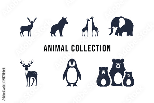 Animal Silhouette Vector Set Featuring Deer, Wolf, Giraffe, Elephant, Penguin, and Bear Family Design