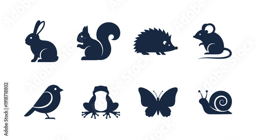 Silhouette of various animals and insects in two rows on a white background
