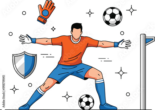 Professional soccer goalkeeper in orange jersey making a save with football gloves shield and goal post icons for sports training and competition concept.