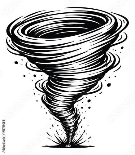 Hand drawn line art illustration of a tornado depicting a powerful swirling storm for weather-related concepts