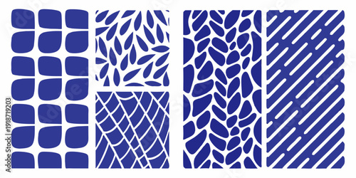 Four distinct blue patterned columns arranged in a grid formation