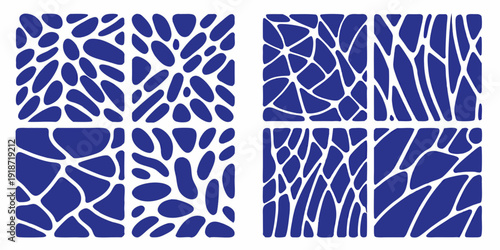 Four blue tile patterns resembling cracked earth or abstract organic shapes