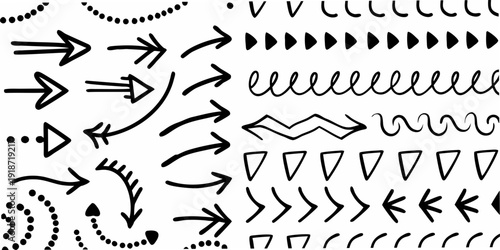 Collection of hand drawn black arrows lines and abstract shapes
