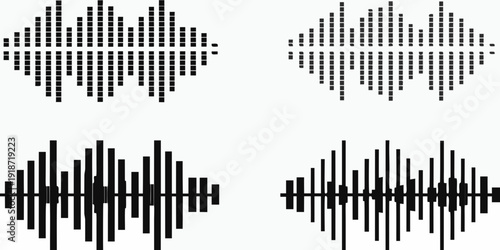 Four abstract sound wave patterns displayed in black and white