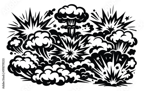 Graphic explosion elements set featuring various blasts, smoke clouds, and a mushroom cloud for dynamic visual effects