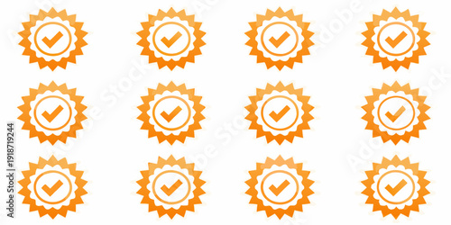 Orange starburst badges with checkmarks in a grid arrangement