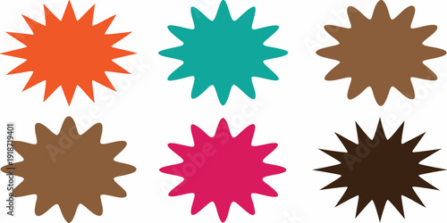 Colorful starburst shapes arranged in a grid on a white background