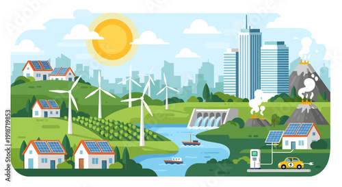 Sustainable cityscape with renewable energy sources, green landscapes, and modern architecture viewed from a hilltop perspective