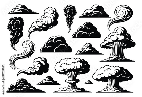 Graphic line art smoke and cloud effect set featuring various plumes and mushroom explosions for design elements