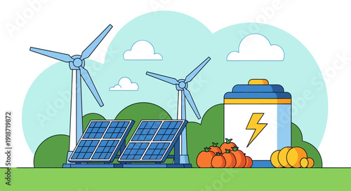 Renewable energy sources including solar panels, wind turbines, and battery storage in a green landscape setting