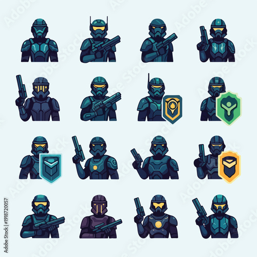 Futuristic Soldiers with Various Shields and Weapons.