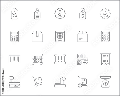 Set of Sales and shopping icons line style. It contains such Icons as buy, packaging, cart, qr code, bag, retail, gift and other elements.