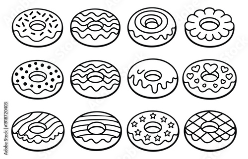Hand drawn line art donut set featuring various decorative frosting patterns for food design