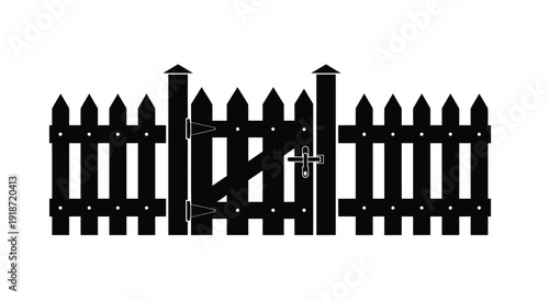 Black and white illustration of a picket fence with a gate
