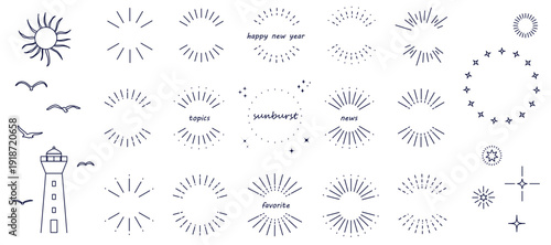 シンプルな集中線（サンバースト）のイラスト素材セット　Sunburst　コピースペース