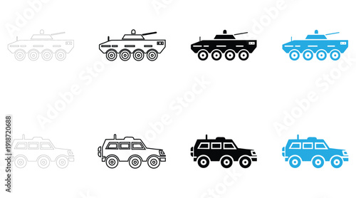 army APC vehicle icon vector, army military apc vehicle icon symbol vector, silhouette and line art illustration