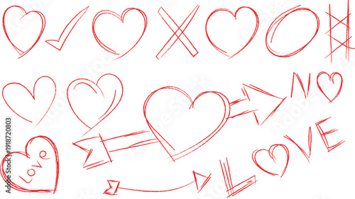 Hand Drawn Red Hearts Love Symbols Arrows Checkmarks X's Abstract Doodle Art Design Elements For Valentines Day Romance Celebration And Affection Concepts
