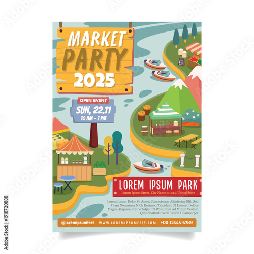 Market Party Festival Flat Design Illustration with Food Stalls