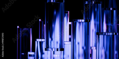 Cyber elements made of transparent glass and liquid acrylic purple blue glow on black backdrop cinematic tech background design cover art visuals 3d rendering