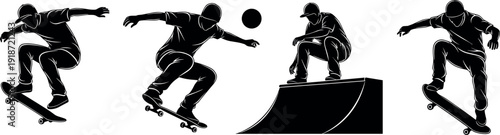 Black Silhouette Set of Skateboarder Performing Various Tricks and Stunts on Ramp for Urban Sports Design and Streetwear Apparel