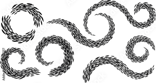 Black silhouette vector set of swirling school of fish swimming in circle and wave shapes isolated on clear white background