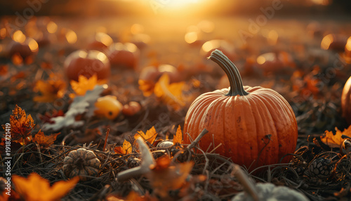 Pumpkin autumn harvest Halloween field golden hour warm light