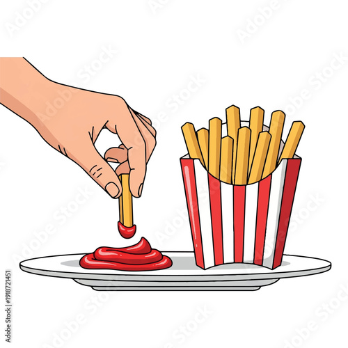 Hand dipping a french fry into ketchup on a plate next to a container of fries.