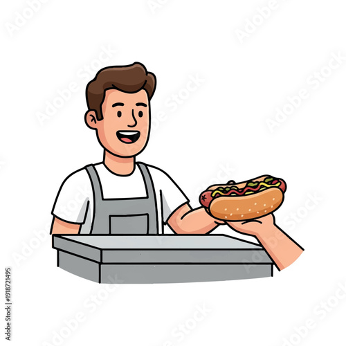 Cartoon man in gray apron handing over a hot dog on a bun with condiments from a food counter with a friendly smile.