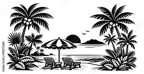 Black and white illustration of a beach paradise depicting a tranquil sunset scene for travel and tourism