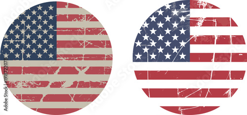 Two distressed circular american flags with a cracked, worn appearance