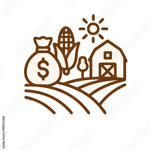 Agricultural Income and Farming Landscape Icon. Rural economy icon works well for websites, infographics, and visual content focused on agriculture, sustainability, and countryside business.