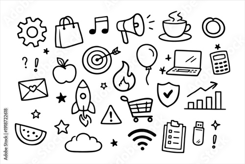 Set of hand-drawn icons representing business, technology, and lifestyle elements