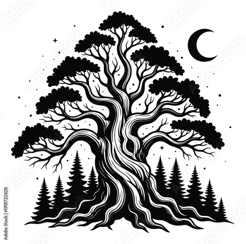 Hand drawn illustration of a majestic tree depicting a mystical moonlit night for fantasy and nature themes